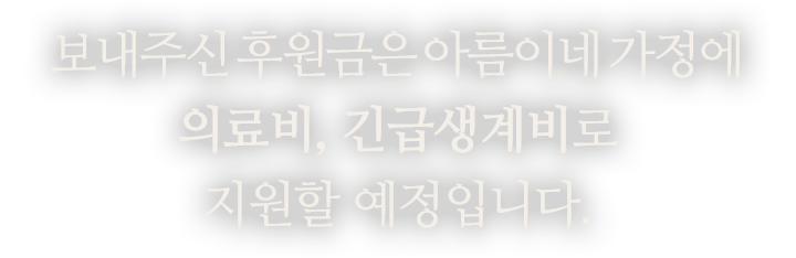 보내주신 후원금은 아름이네 가정에 의료비, 긴급생계비로 지원할 예정입니다.