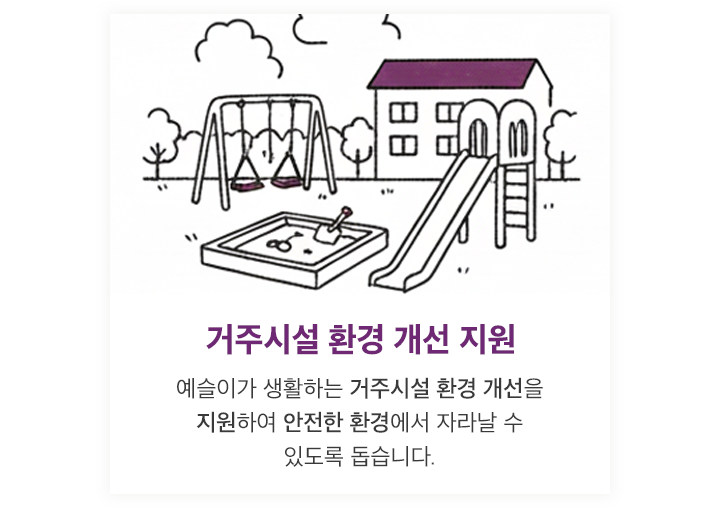 거주시설 환경 개선 지원 - 예슬이가 생활하는 거주시설 환경 개선을 지원하여 안전한 환경에서 자라날 수 있도록 돕습니다.