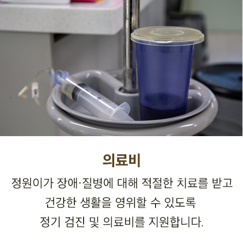 의료비 - 정원이가 장애·질병에 대해 적절한 치료를 받고 건강한 생활을 영위할 수 있도록 정기 검진 및 의료비를 지원합니다.