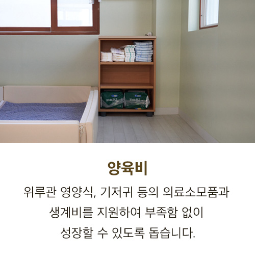 양육비 - 위루관 영양식, 기저귀 등의 의료소모품과 생계비를 지원하여 부족함 없이 성장할 수 있도록 돕습니다.